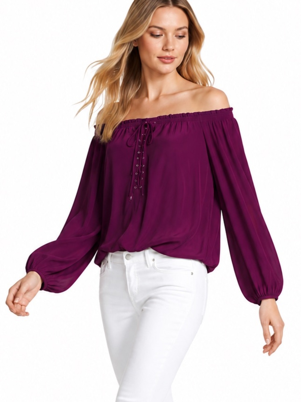 Ramy Brook Jill XL Satin Lace-Up Peasant Blouse Purple Off Shoulder Boho Top